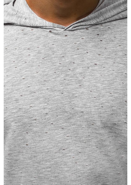 Yırtık Detaylı Gri Kapüşonlu T-Shirt 3069