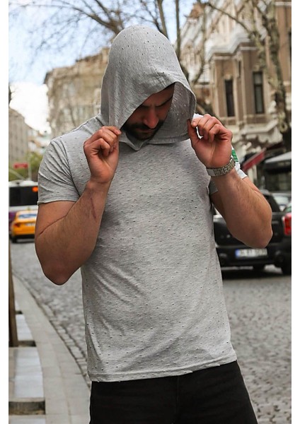 Yırtık Detaylı Gri Kapüşonlu T-Shirt 3069