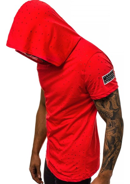 Yırtık Detaylı Kırmızı Kapüşonlu T-Shirt 3069