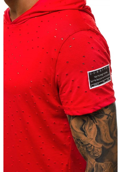 Yırtık Detaylı Kırmızı Kapüşonlu T-Shirt 3069