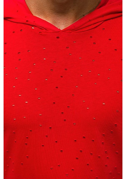 Yırtık Detaylı Kırmızı Kapüşonlu T-Shirt 3069