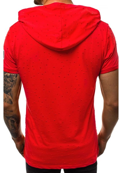Yırtık Detaylı Kırmızı Kapüşonlu T-Shirt 3069