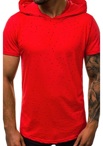 Yırtık Detaylı Kırmızı Kapüşonlu T-Shirt 3069