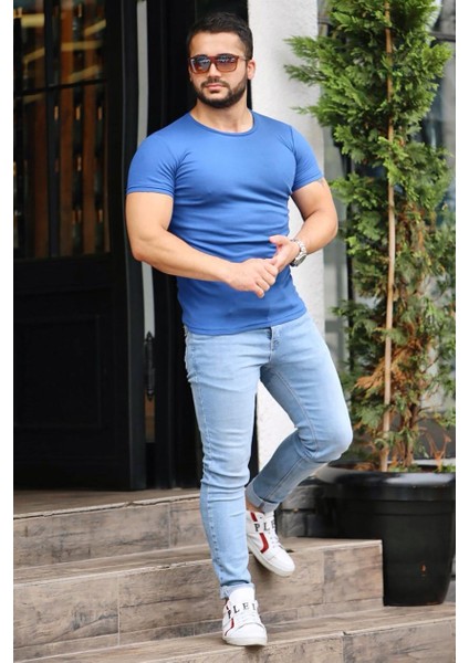Bisiklet Yaka Saks Basic T-Shirt 4077
