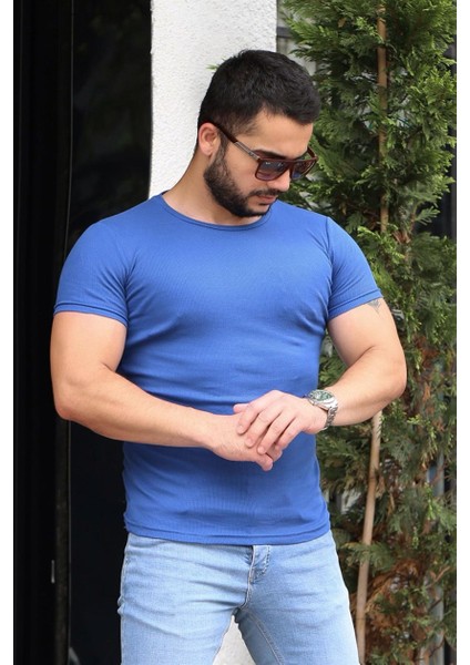 Bisiklet Yaka Saks Basic T-Shirt 4077 fiyatları