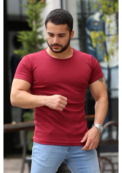 Bisiklet Yaka Bordo Basic T-Shirt 4077