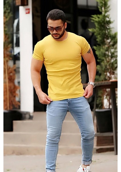 Bisiklet Yaka Sarı Basic T-Shirt 4077