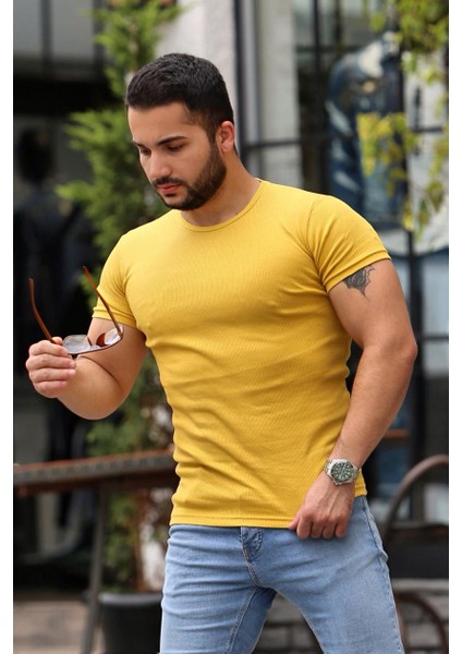 Bisiklet Yaka Sarı Basic T-Shirt 4077