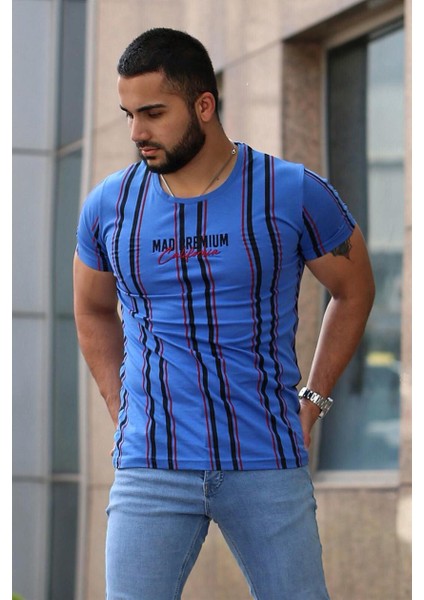 Baskılı Çizgi Detaylı Saks T-Shirt Mad4048