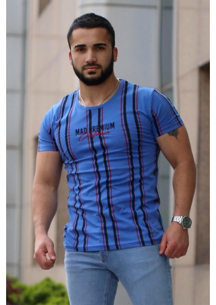 Baskılı Çizgi Detaylı Saks T-Shirt Mad4048