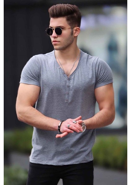 Düğmeli Gri Basic T-Shirt 4052