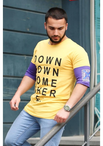 Baskılı Kol Detaylı Sarı T-Shirt Mad4010