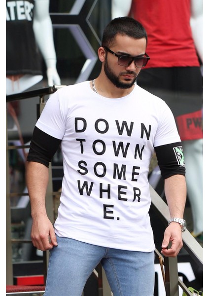 Baskılı Kol Detaylı Beyaz T-Shirt Mad4010