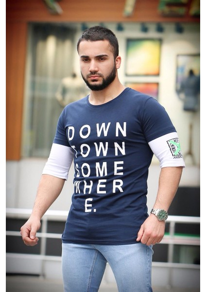 Baskılı Kol Detaylı Lacivert T-Shirt Mad4010