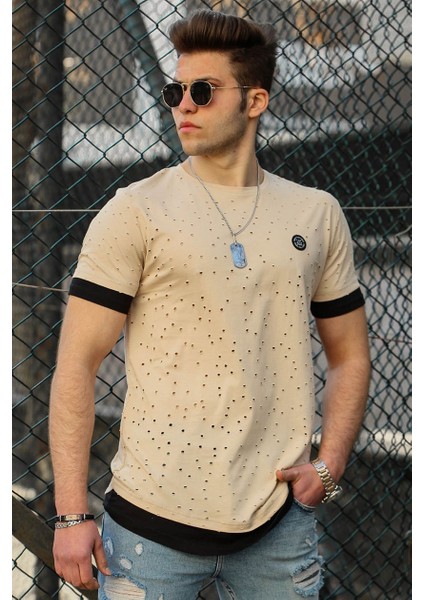 Camel Yırtık Detaylı Erkek T-Shirt 4489