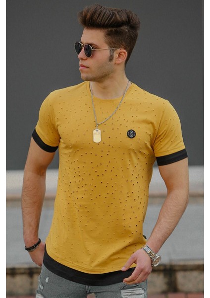 Sarı Yırtık Detaylı Erkek T-Shirt 4489