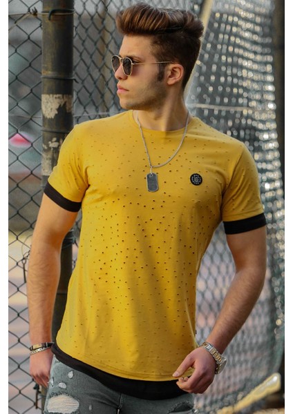 Sarı Yırtık Detaylı Erkek T-Shirt 4489