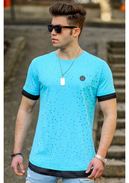 Turkuaz Yırtık Detaylı Erkek T-Shirt 4489