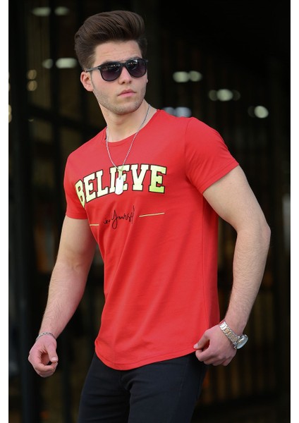 Neon Nakış Baskılı Kırmızı Erkek T-Shirt 4540