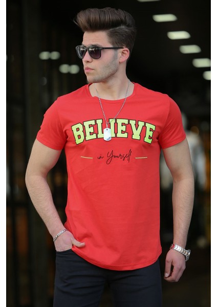 Neon Nakış Baskılı Kırmızı Erkek T-Shirt 4540