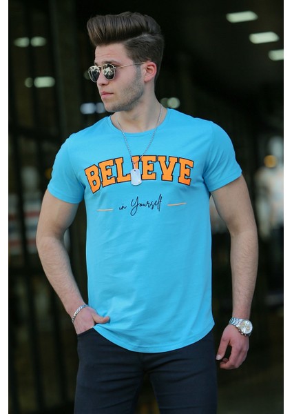 Neon Nakış Baskılı Mavi Erkek T-Shirt 4540