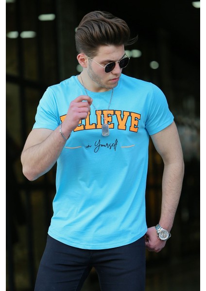 Neon Nakış Baskılı Mavi Erkek T-Shirt 4540