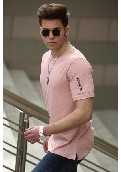 Fermuar Detaylı Pudra T-Shirt 4103