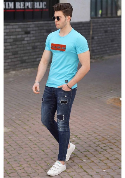 Madmext Baskılı Mavi Erkek T-Shirt 4589