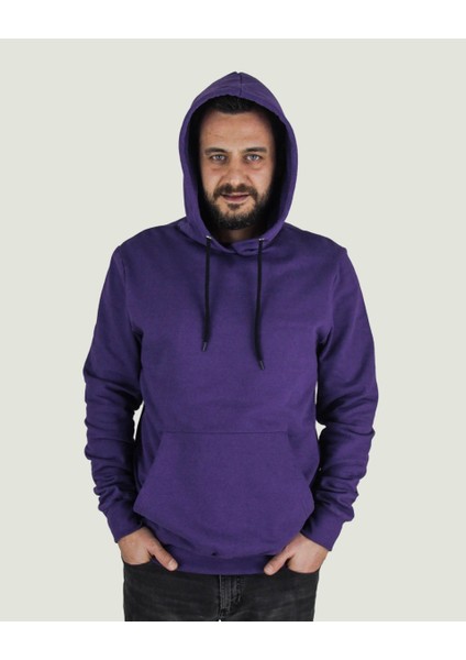 Kapüşonlu Kanguru Cepli Basic Mor Sweatshirt