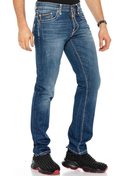 C-0688 Kontrast Dikişli Rahat Mavi Erkek Kot Pantolon