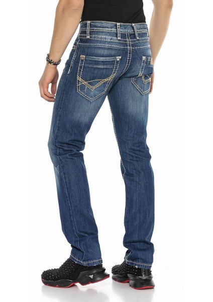 C-0688 Kontrast Dikişli Rahat Mavi Erkek Kot Pantolon