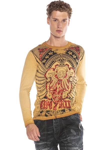 CL407 Kartal Arma Parlak Baskılı Hardal Erkek Sweatshirt