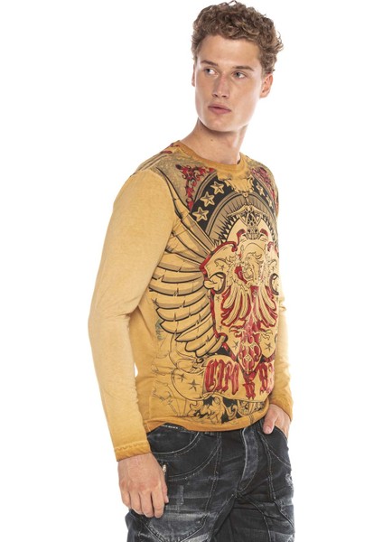 CL407 Kartal Arma Parlak Baskılı Hardal Erkek Sweatshirt