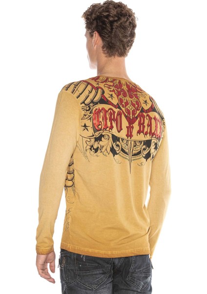 CL407 Kartal Arma Parlak Baskılı Hardal Erkek Sweatshirt