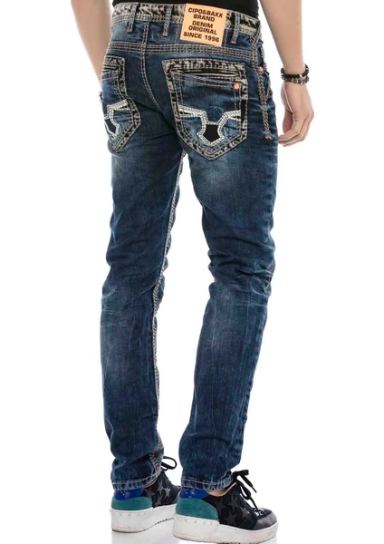 Cipo & Baxx CD593 Neon Turuncu Etiketli Kalın Dikişli Jeans