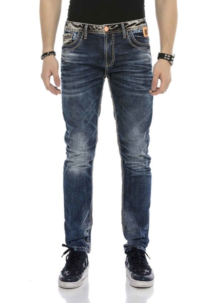 Cipo & Baxx CD593 Neon Turuncu Etiketli Kalın Dikişli Jeans