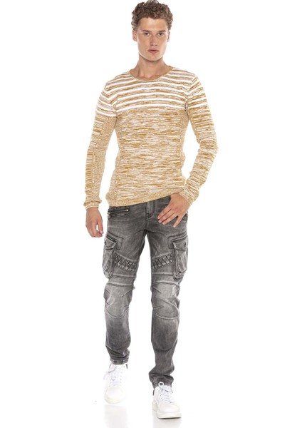CP223 Dokulu Bisiklet Yaka Slim Fit Camel Kazak