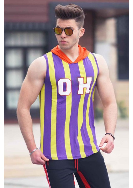 Çizgili Baskılı Kapşonlu Atlet 4024 Mor