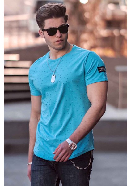 Yırtık Detaylı Mavi T-Shirt 2883