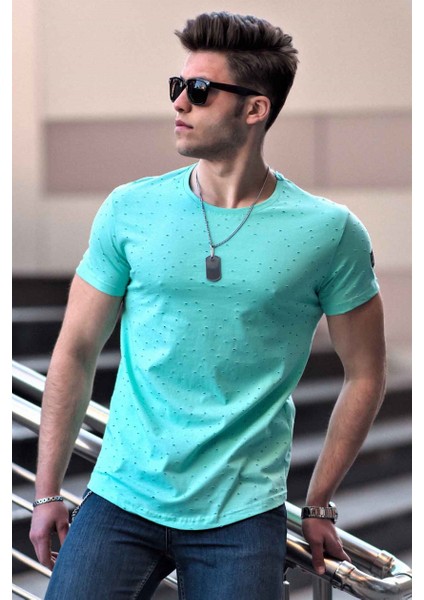 Yırtık Detaylı Turkuaz T-Shirt 2883