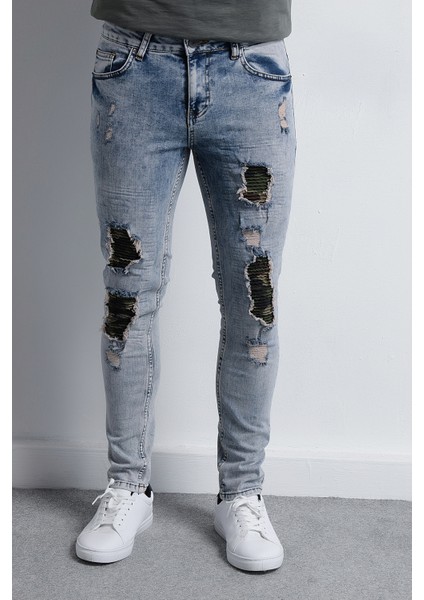 RD18YE010039 Jean Erkek Denim Pantolon Kamuflaj Yamalı Jean
