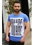 Bisiklet Yaka Baskılı Saks T-Shirt 3001 1