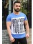 Bisiklet Yaka Baskılı Saks T-Shirt 3001 2