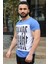 Bisiklet Yaka Baskılı Saks T-Shirt 3001 3