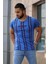 Baskılı Çizgi Detaylı Saks T-Shirt Mad4048 1
