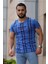 Baskılı Çizgi Detaylı Saks T-Shirt Mad4048 2