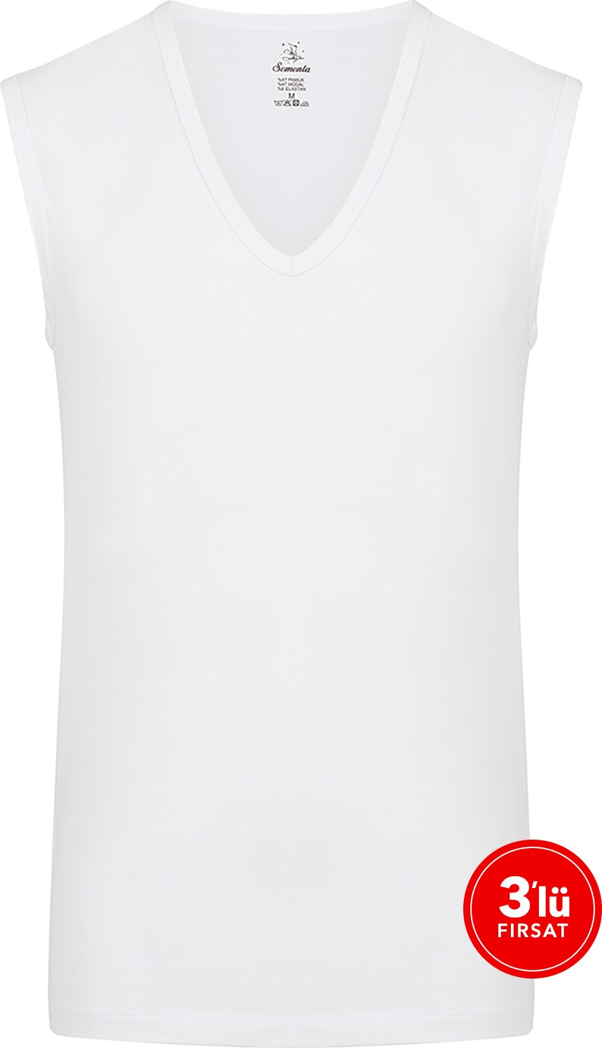 SAM Erkek Modal Derin V Yaka Kolsuz Tshirt 3'lü Paket - Beyaz