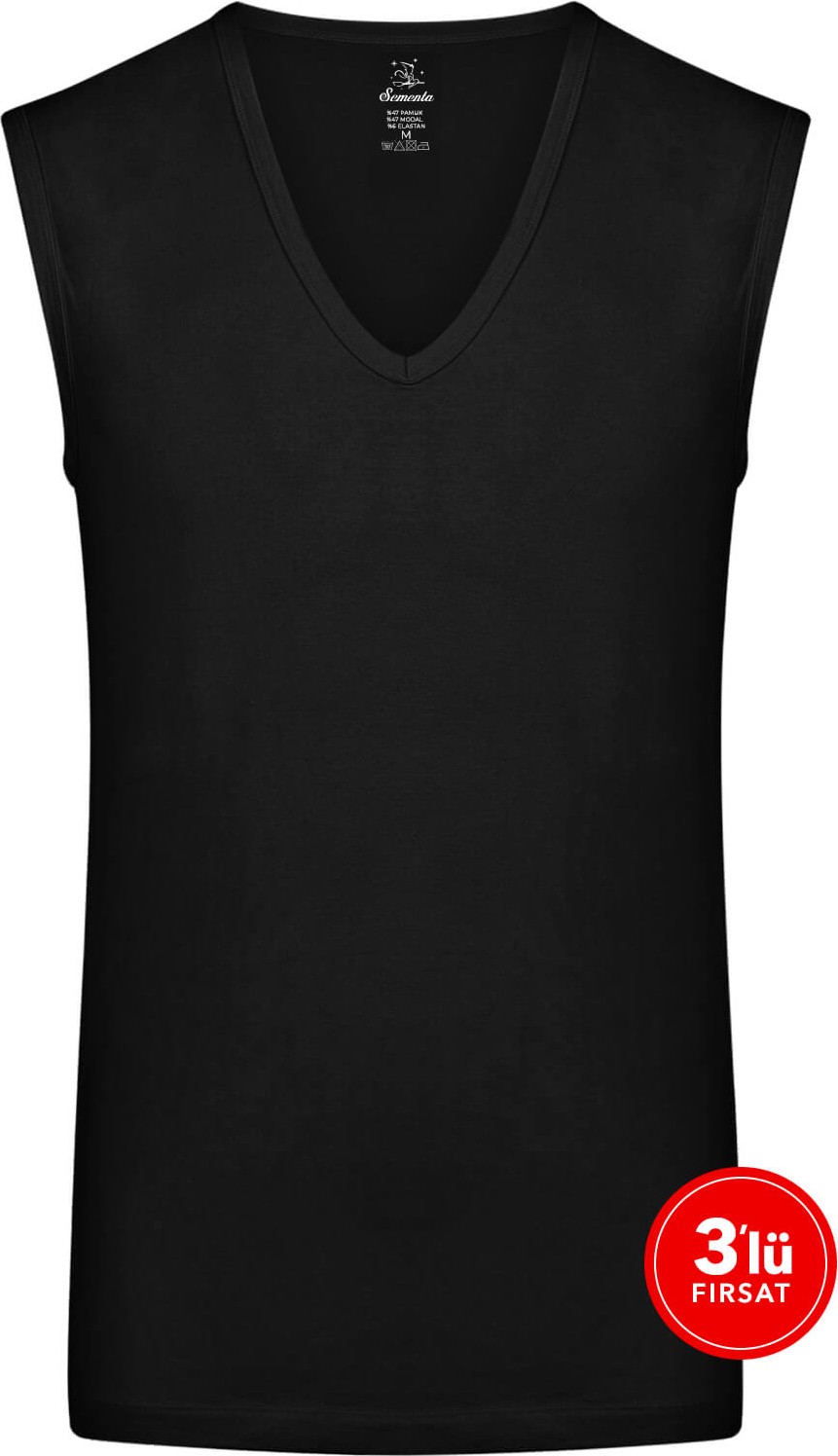 SAM Erkek Modal Derin V Yaka Kolsuz Tshirt 3'lü Paket - Siyah