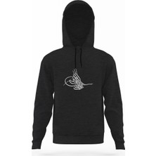 Tshirthane Tuğrası Ottoman Tughra Osmanli Tugrasi Logo Füme Antrasit Erkek Kapüşonlu Sweatshirt Uzun Kol