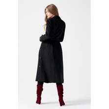 Vivencia Kruvaze Broş Detaylı Süet Trençkot - Siyah